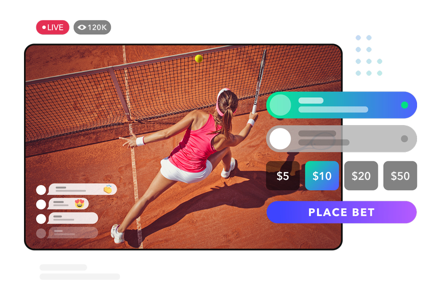 woman playing tennis in red tank top and white shorts about to hit the ball over the net. To the right are buttons for a user to place a small bet on the match. To the left are user comments and emoji reactions with heart eyes and clapping hands.