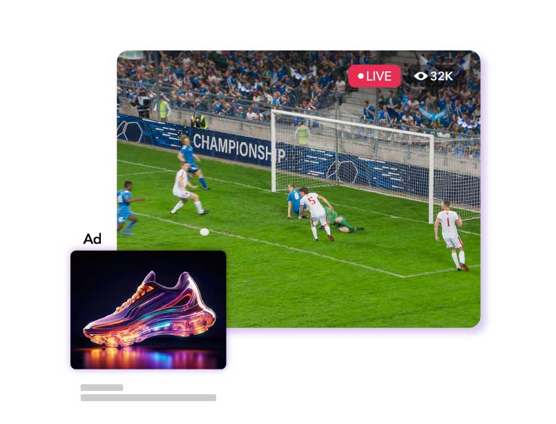 live soccer game with a player in a blue kit about to kick the ball into the goal. There is a pop up ad for a colorfully lit sneaker to the left.
