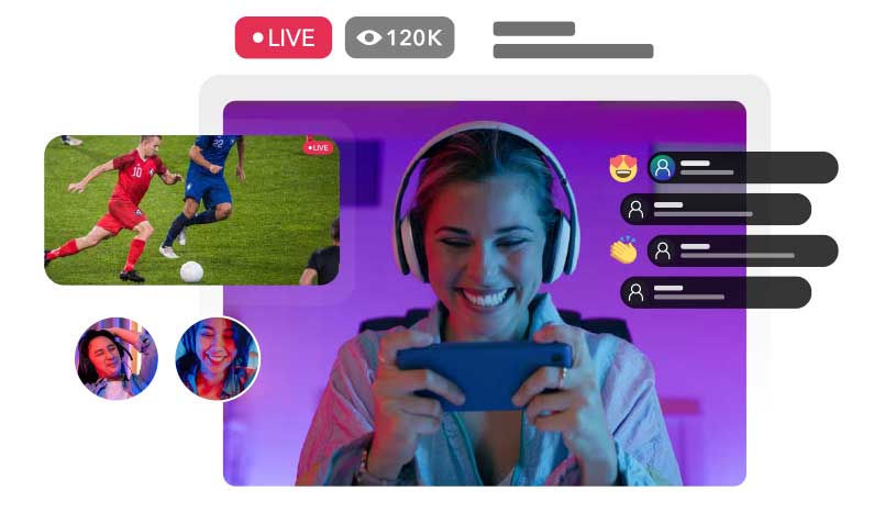 woman wearing headphones watching mobile phone stream of a live soccer match with two friends also watching stream