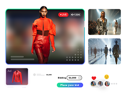 live fashion show streaming with a woman walking in red garment and another women walking a runway in another view. There is an ad for a sneaker in the bottom left and social engagement in the bottom right