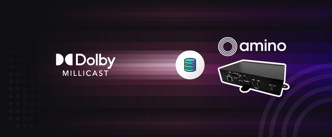 Dolby Millicast logo with Amino logo and box