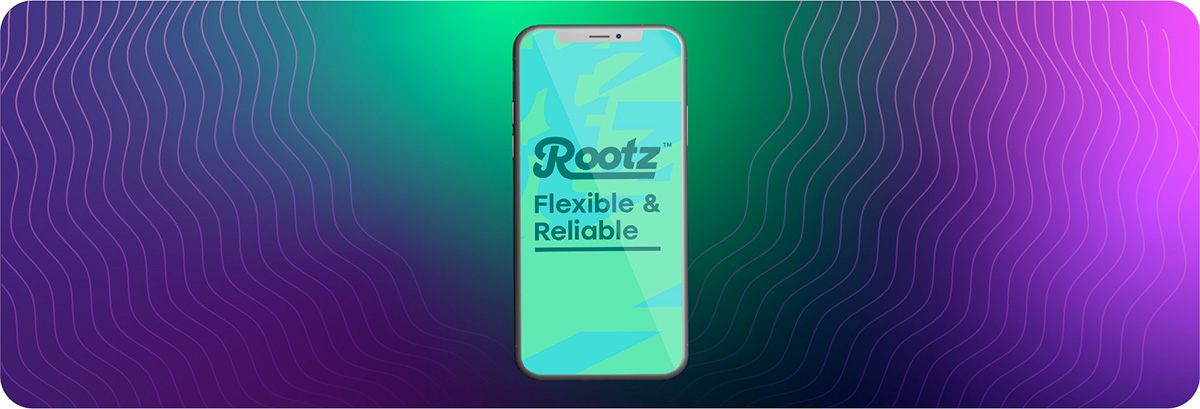 gradient background with iphone in center displaying the Rootz logo